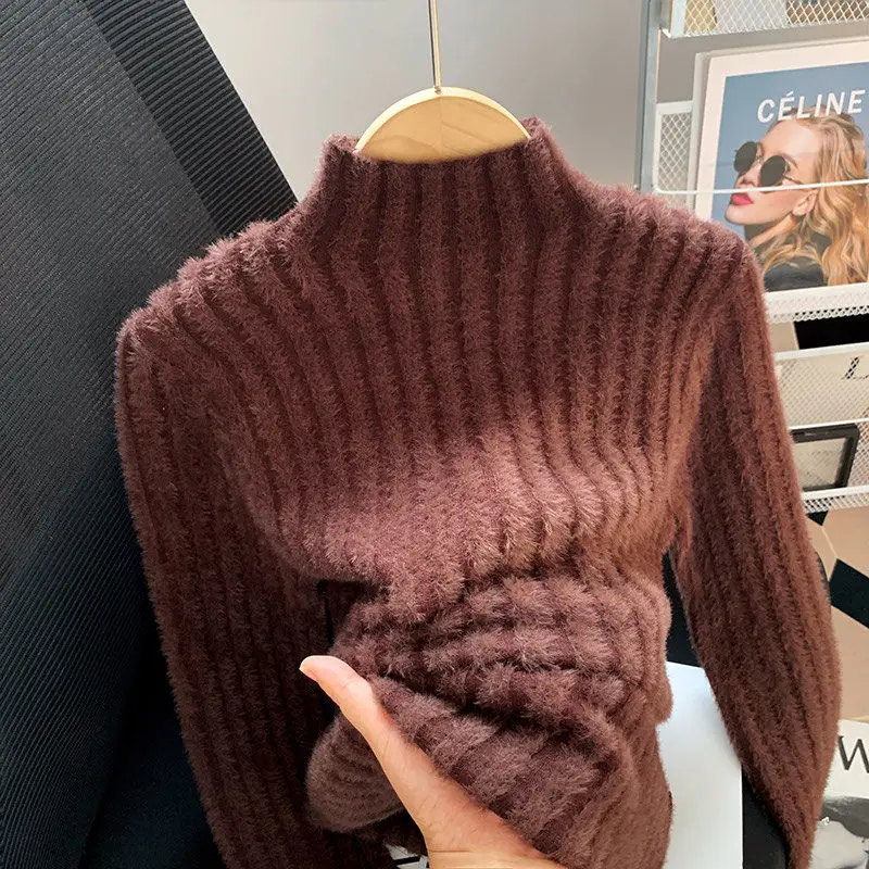 

Winter Clothes Women Stylish Half High Collar Mink Cashmere Ribbed Knitted Sweater Solid Long Sleeve Slim Thick Basic Pullovers