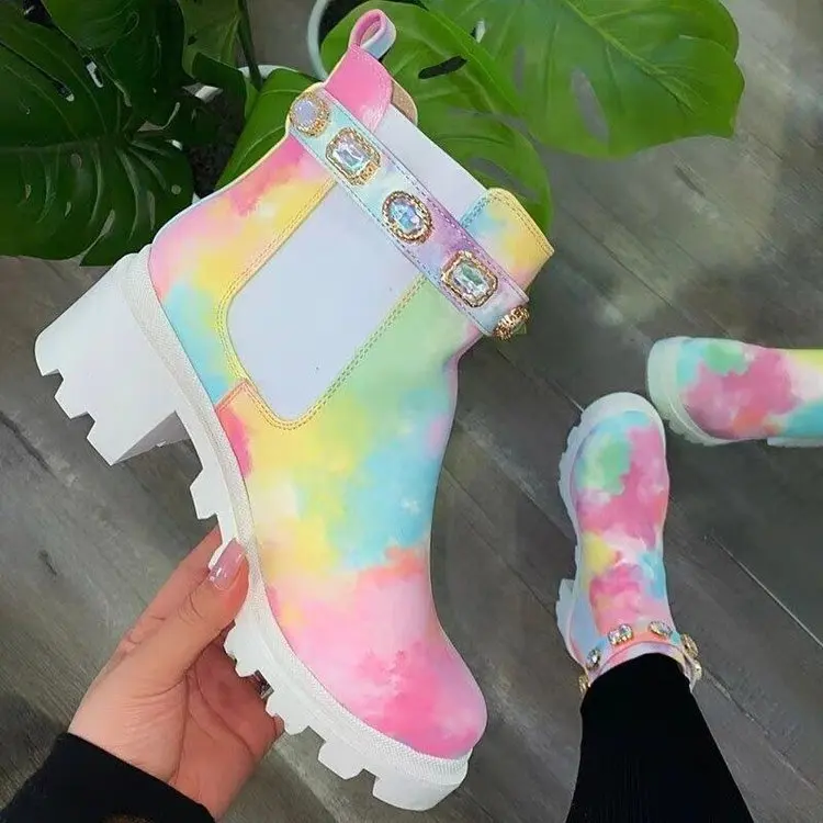 New Women Ankle Boots Crystal Rhinestone Slip On Platform PU Leather Women\'s Booties Spring Autumn Females Footwear2021