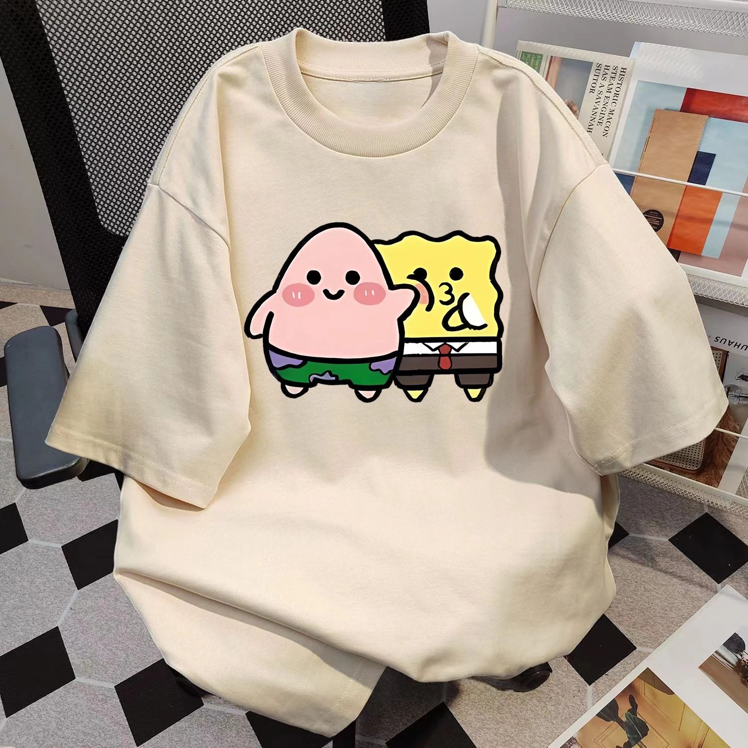 

Pure Cotton Explosion SpongeBob SquarePants Cartoon Cute Print Short-sleeved College Loose T-shirt 2025 Summer Crew Neck Top