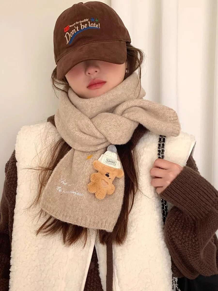 Linda bufanda de oso de lana para mujer, calentador de cuello tejido de atmósfera de invierno para estudiantes, bufanda de cuello cálida