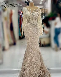 2024 Light Champagne Long Sleeve Aso Ebi Crystals Mermaid Prom Dresses Sequined Lace Evening Formal Party Second Reception Gowns