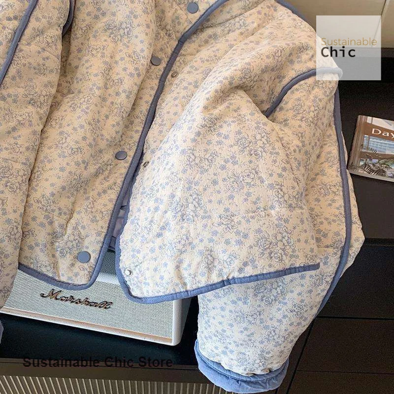 النمط الفرنسي الأزرق الصغيرة الأزهار سروال قصير خياطة القطن مبطن سترة معطف المرأة الخريف والشتاء معطف الرياح كسول دافئ جديد #3