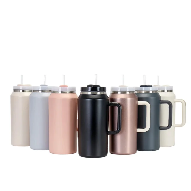 2024 64oz Stainless Steel Vacuum Insulated Tumbler with Lid and Straw Car Water Cup with Handle Outdoor Portable Beer Cup