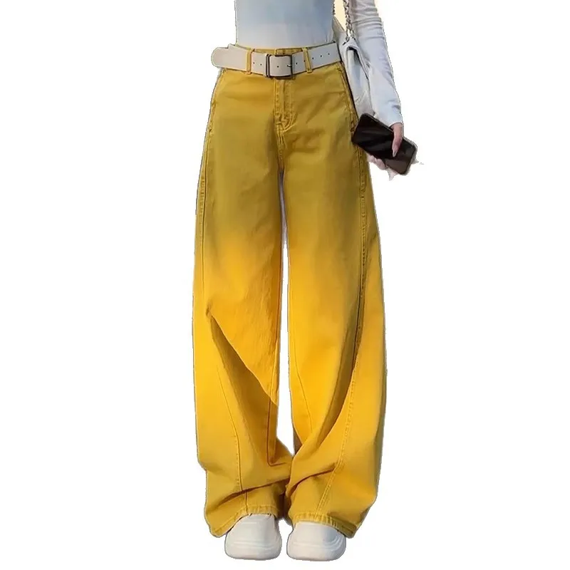 جينز Scimitar أصفر عصري للنساء، سروال أنيق للتخسيس وفضفاض متعدد الاستخدامات للخريف