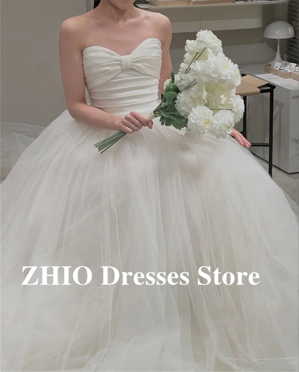 ZHIO Fairy Pleat Strapless Bow Tulle สาย-เกาหลีถ่ายภาพงานแต่งงานสายยาวชุดราตรีที่กําหนดเองเจ้าหญิง 
