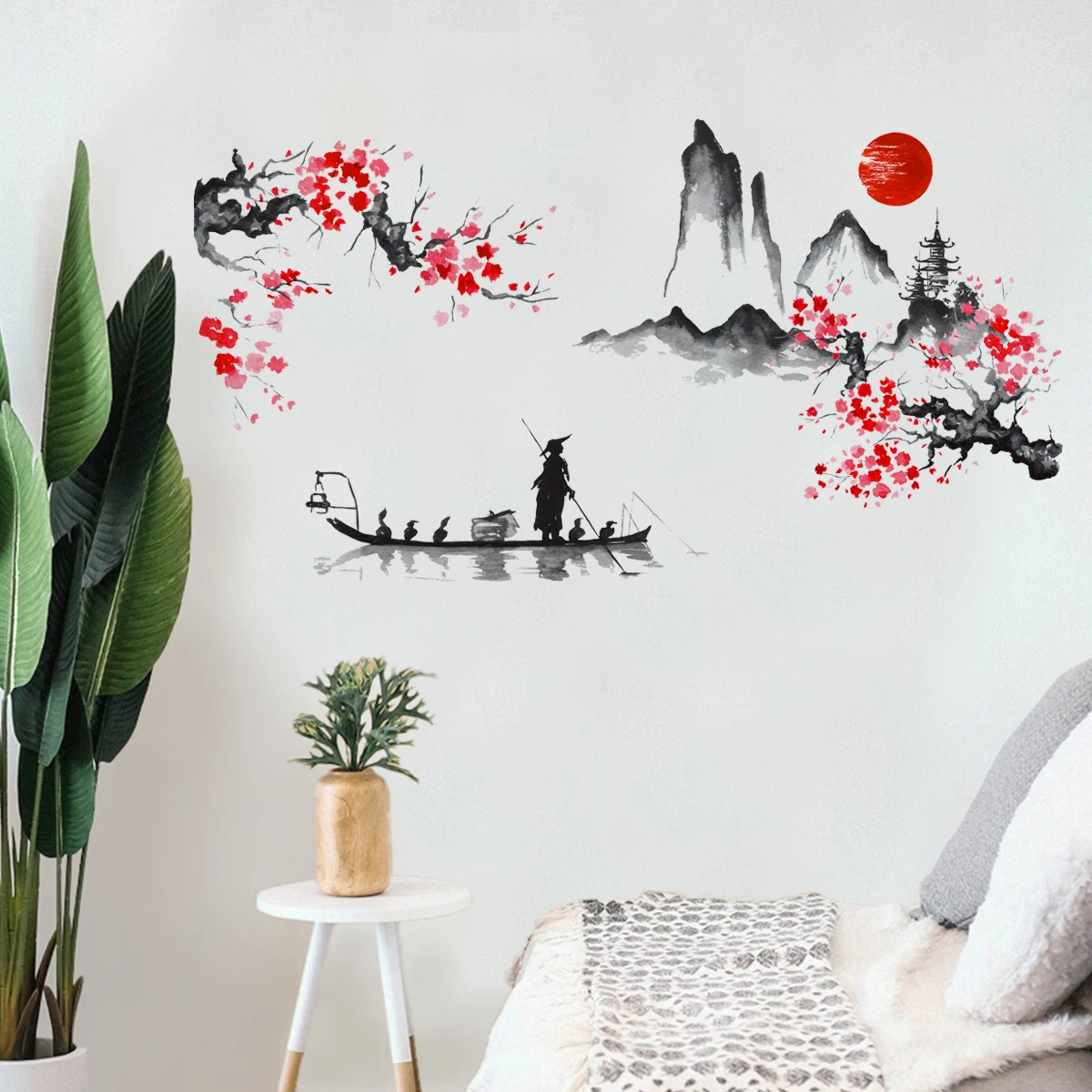 Ink Painting Japan Mount Fuji Red Sun Cherry Blossom Wall Stickers for Waterproof PVC Living Room Home Decoration - Image 5