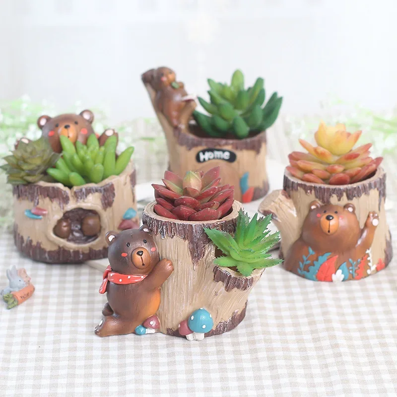Unique Bear & Tree House Theme Resin Planters, Decorative Flower Pots with drainage hole, Ideal for Mini Cacti & Succulents