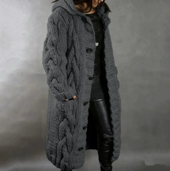 Damenpullover, neuer lässiger, lockerer, europäisch-amerikanischer Mode-Cardigan mit Umlegekragen, gestrickter langer Mantel, Pullovermantel in großen Größen – Detail 22
