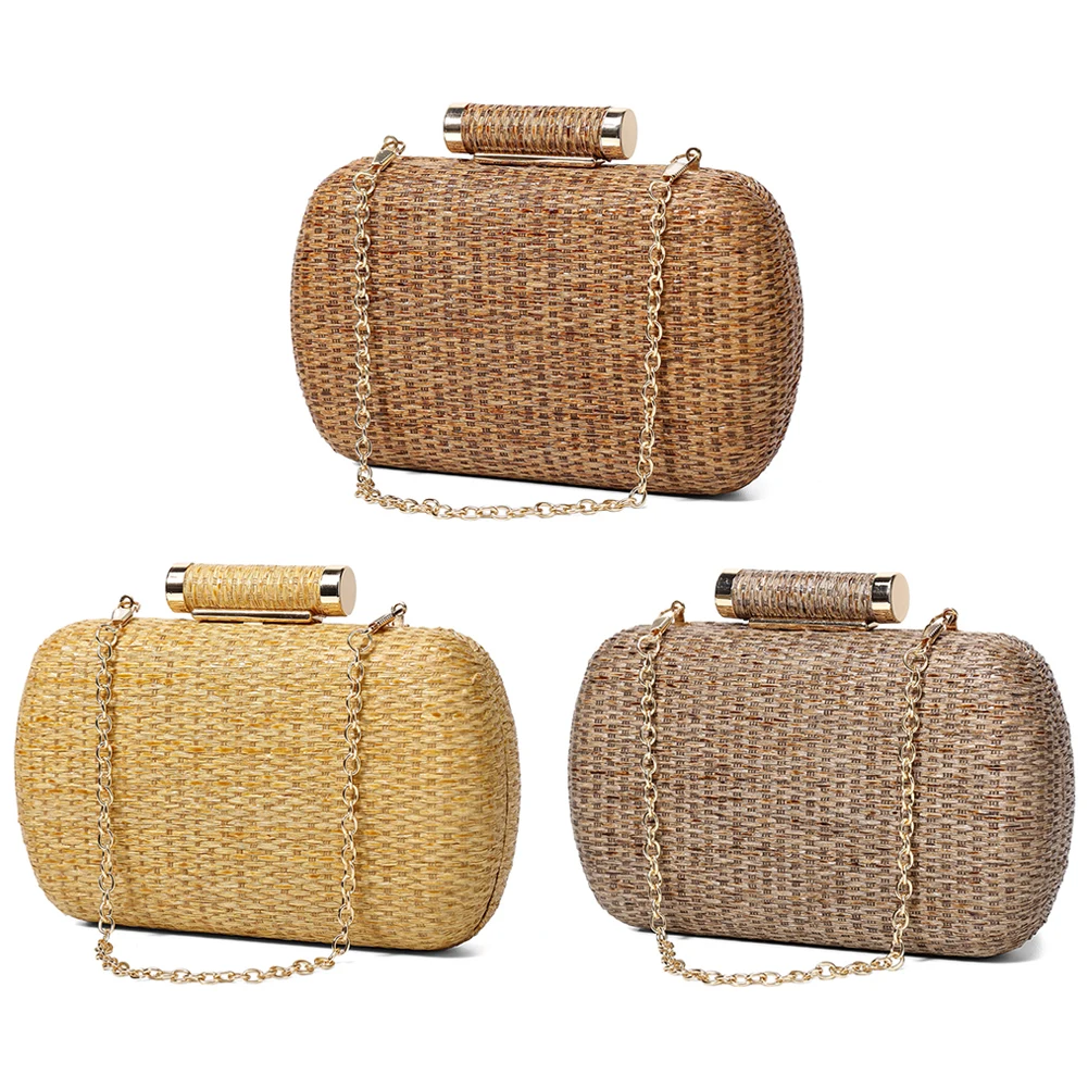 Women Hand-Woved Evening Bag with Chain Strap Straw Beach Handbag Versatile Crochet Crossbody Bag Ladies Summer Daily Bag