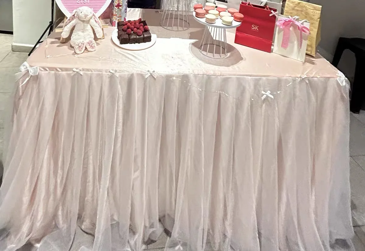10FT Long Table Skirting with Tulle TUTU Gauze Transparent Ice Silk Fabric Table Skirting Wedding Party Event Decoration
