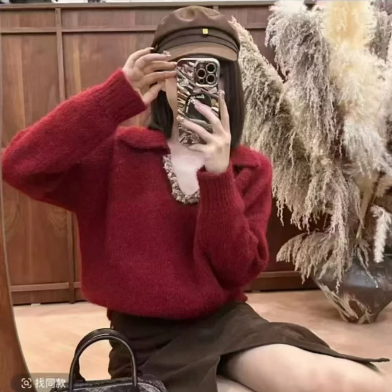 

New Red Loose Sweater Lazy Long Sleeve Knitted Top High-End Pullover Winter Outerwear