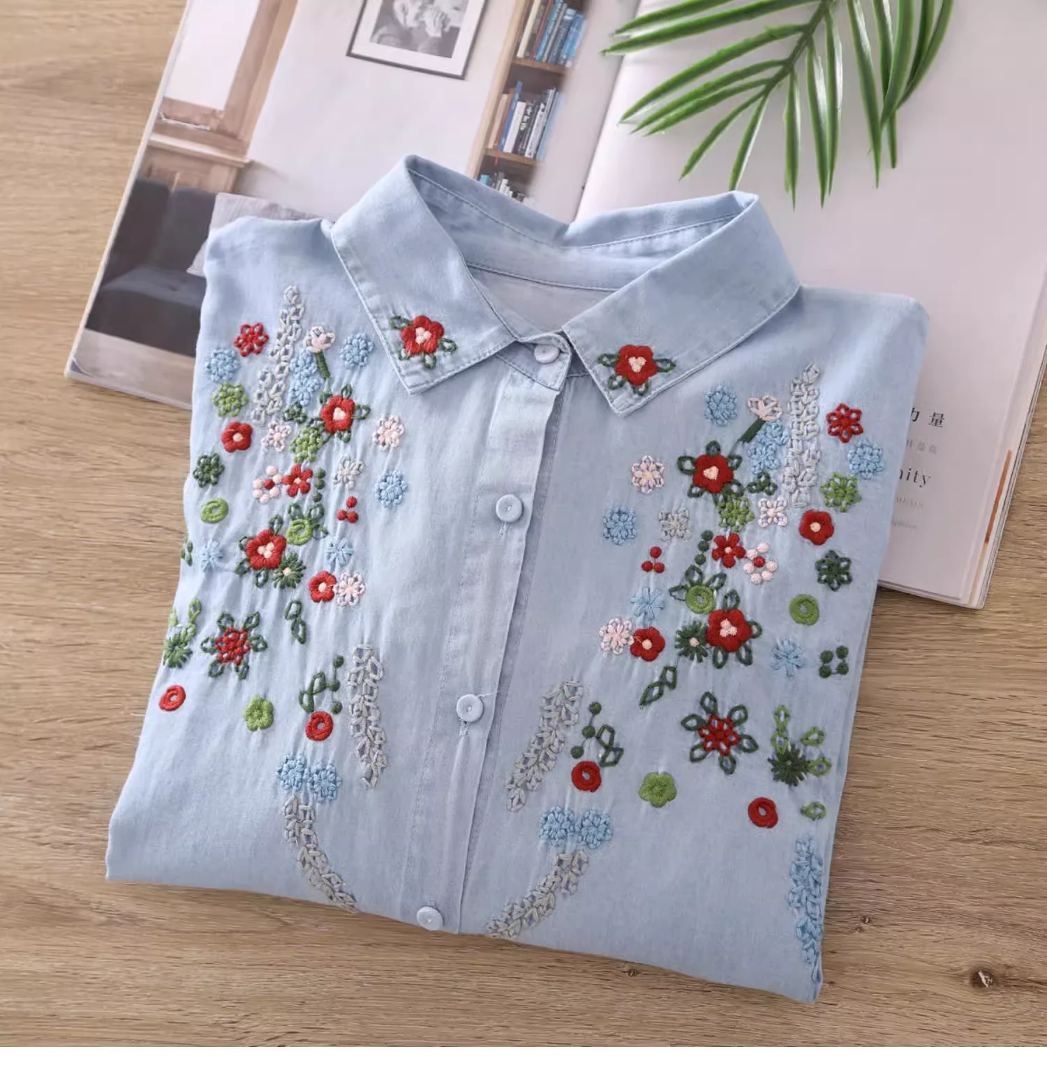 Elegant women's luxury blouses ethnic long sleeve flowers embroider denim blouses for women jean shirts autumn women's clothing