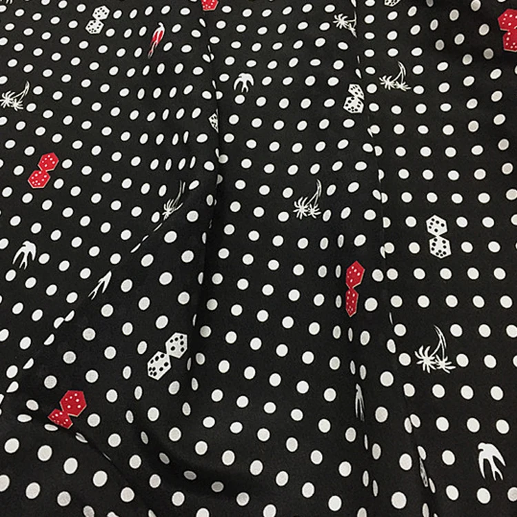 Fashion white polka dot print on black 100% pure mulberry silk crepe de chine fabric 138cm width for girl,SCDC1432