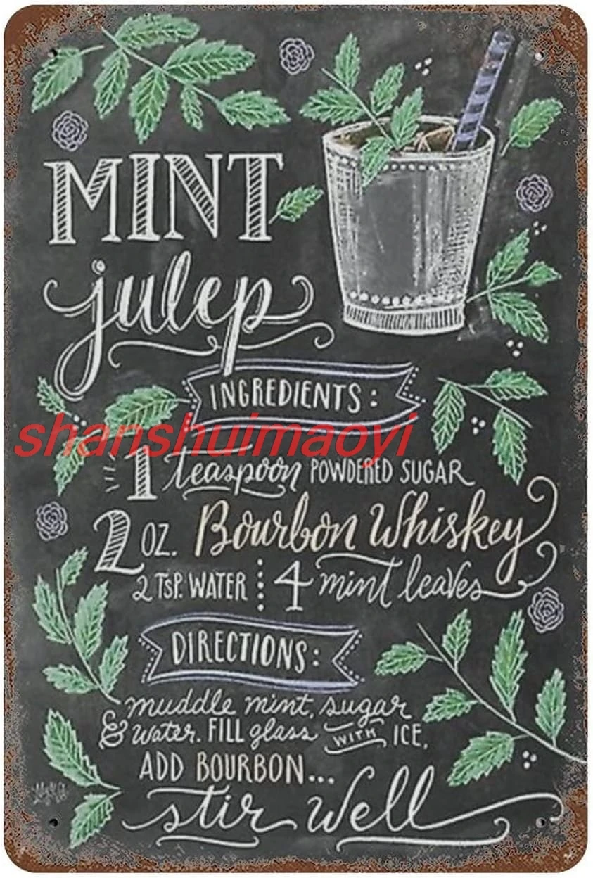 MINT JULEP COCKTAIL RECIPE, retro metal sign poster, suitable for summer home kitchen manhole garage garage bar cafe drink  KYH