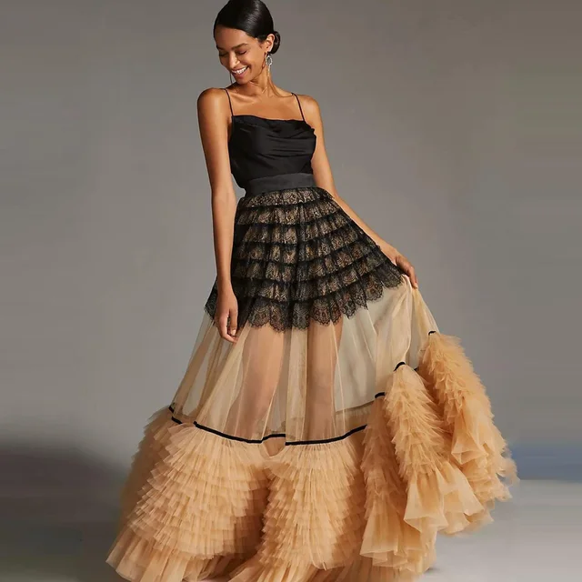 Elegancka plisowana tiulowa letnie spódnice damska czarna koronkowa długi Casual spódnica elastyczna talia Boho plażowa długie spódnice Saias Femme