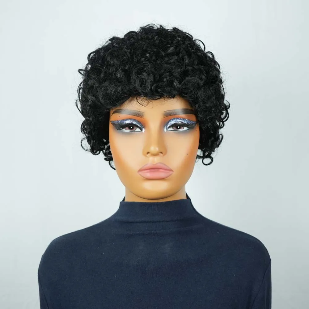 Krótkie kręcone peruki z ludzkich włosów dla czarnoskórych kobiet, kręcone peruki pixie cut z grzywką, peruki z włosów ludzkich Remy wykonane maszynowo do codziennego użytku.