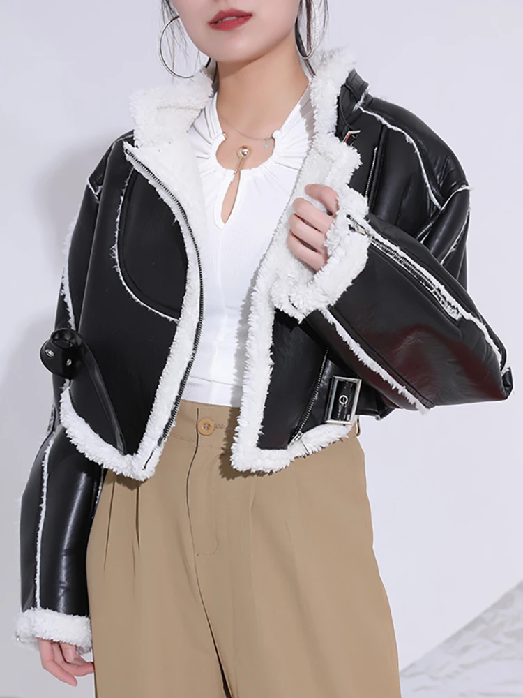 DEAT 2024 New Autumn And Winter Turn-down Collar Full Sleeves PU Leather Flocking Waist Jacket Female Coat Tide Warm WT418