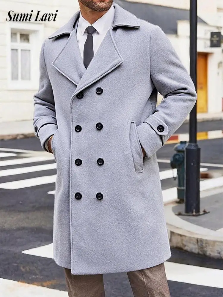 

2025 Autumn Stylish Mens Long Jackets Solid Color Woolen Coats For Men Winter Outdoor Casual Double-breasted Lapel Jacket Coat