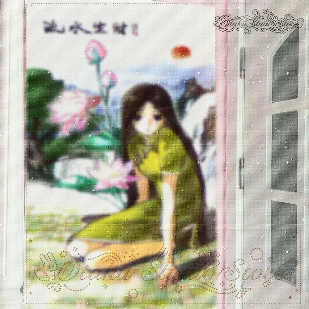 Chinese Style Anime Girl Tapestry しずか Green Qipao Maiden Wall Hanging, Lotus Waterfall Mountain Scene Wall Cloth, Vintage Orient