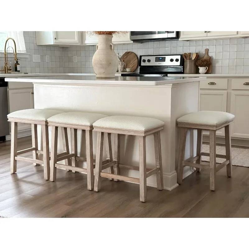 

White Solid Wood Bar Stools Set of 4 for Kitchen Counter Counter Height Antique Barstools with Faux Leather Farmhouse