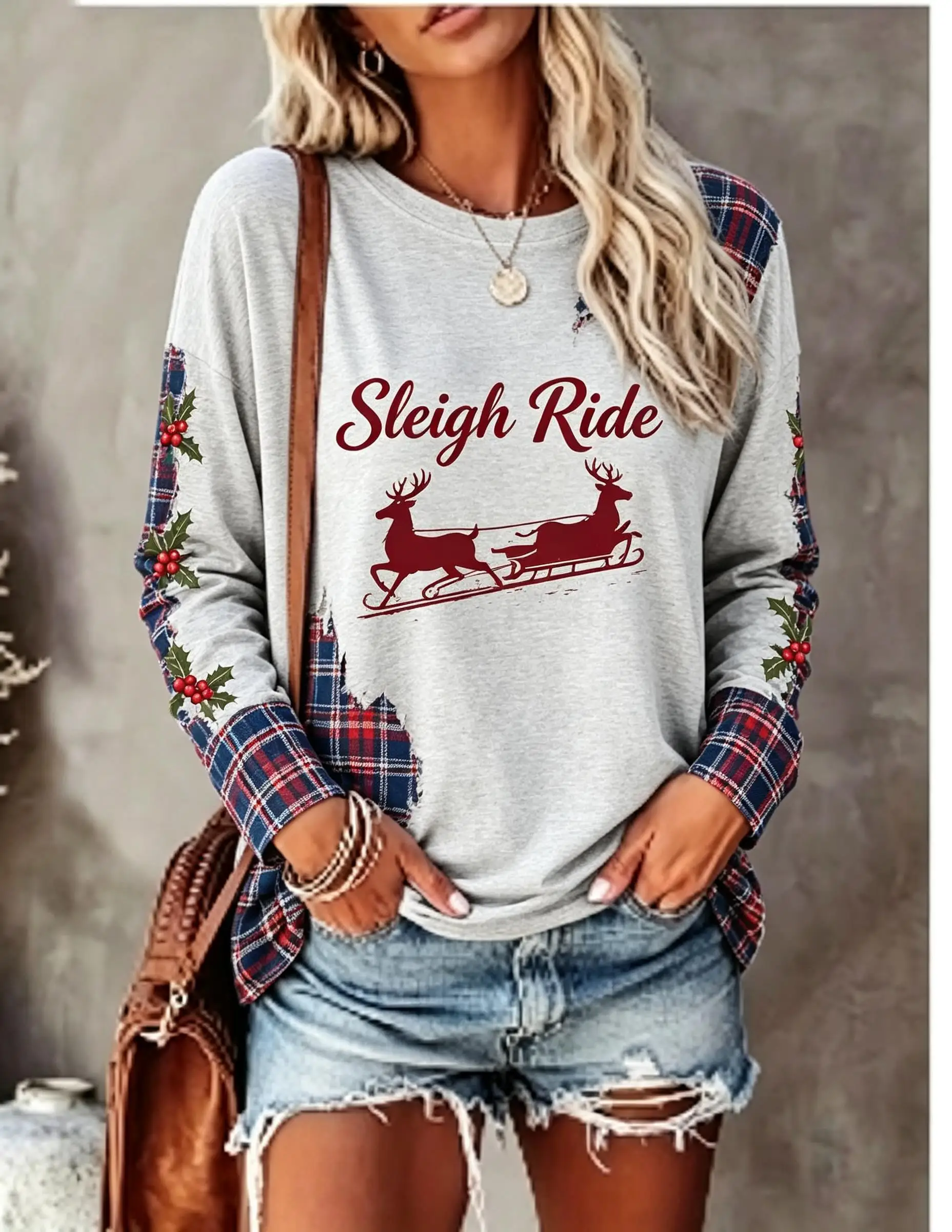 Women Long Sleeve T Shirt Sweet Christmas Reindeer Candy Cane Plaid Splice Print Crew Neck Fall Tops