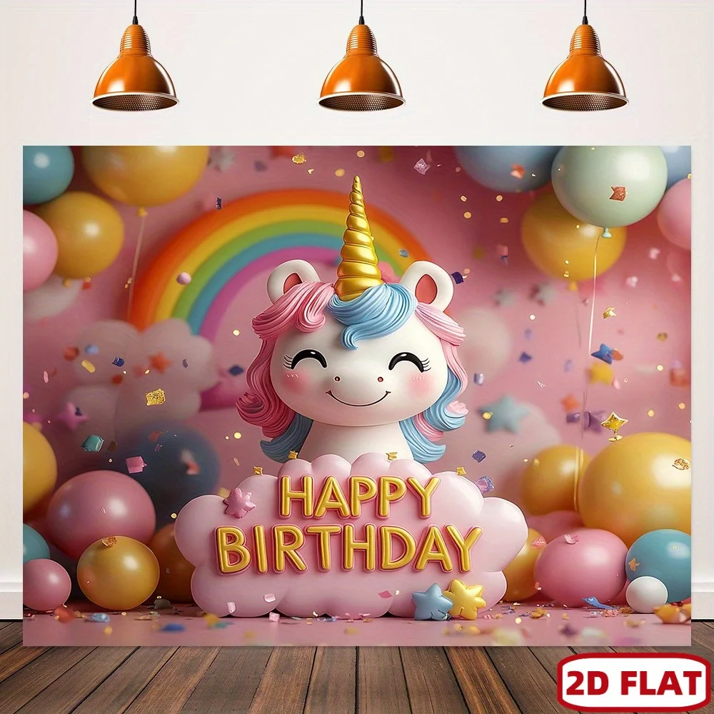 2D flacher, farbenfroher Einhorn-Geburtstagsbanner-Hintergrund für 1 Person mit Luftballons und Regenbogen – Partydekoration aus Polyester