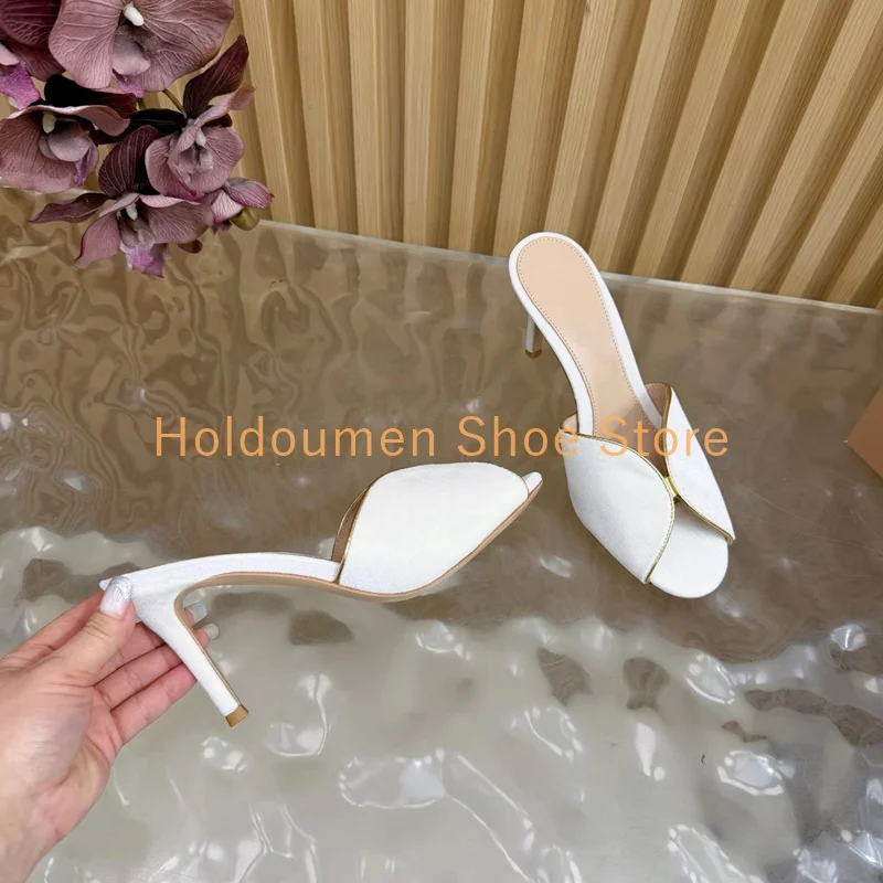 

Classic Velvet Patchwork Design Embroidered Lines Peep Toe New Slippers Summer Fashion Slip On Stiletto Elegant Muller Slippers