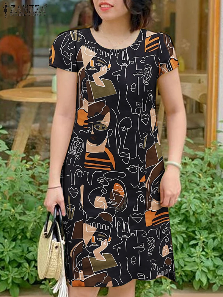 2025 여성 여름 Sundress ZANZEA 빈티지 꽃 프린트 드레스 Bohemain 무릎 길이 휴가 드레스 캐주얼 반소매 Vestidos