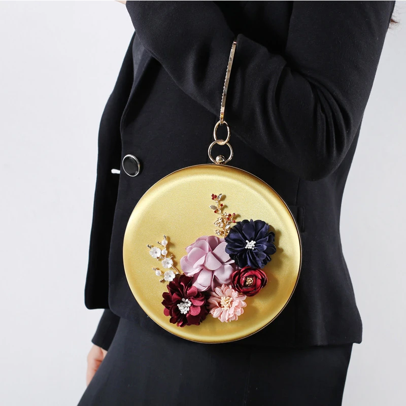 Women’s 3D Floral Round Clutch Purse Hand Bag Handmade Pearl Bridal Wedding Circular handbags Evening Party Wristlets bags