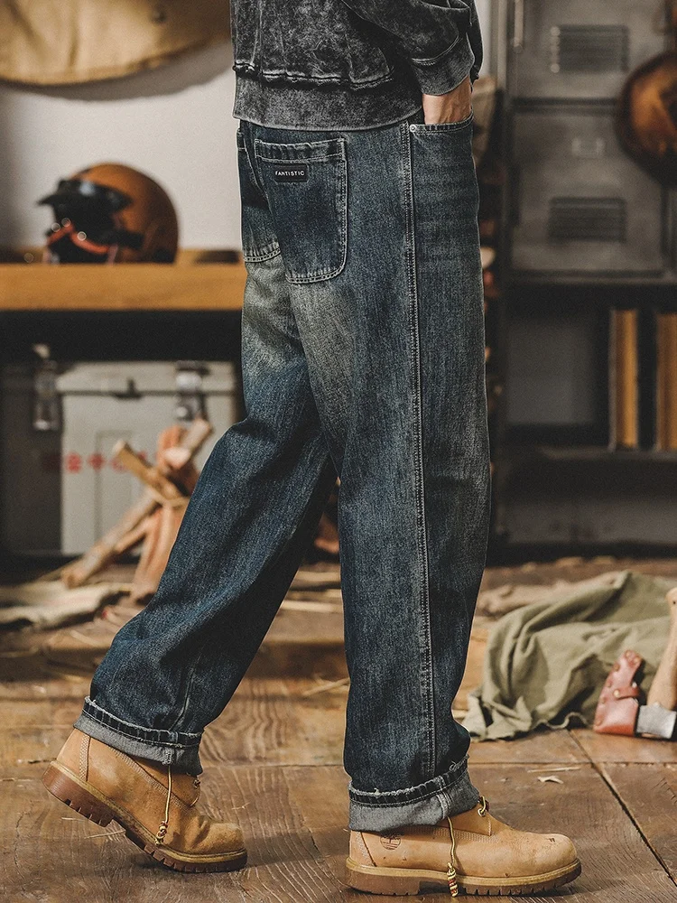 

Classic American Sle Fce Lined Straight Leg Men's Jeans Casual Loose Fit Denim Pants Youth Trendy Autumn Wear