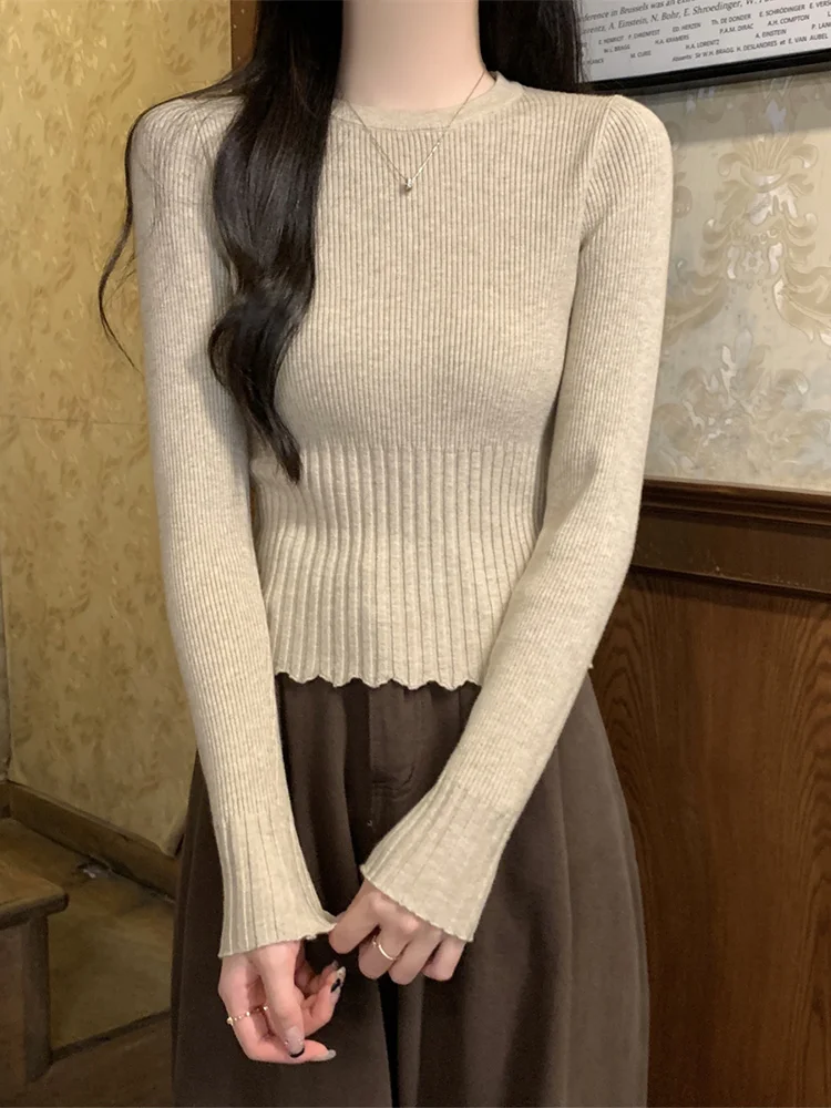 

Корейский Sle с рюшами, облегающий круглый свитер Ne Long Sve, женский весенне-осенний новый Sle Ele Stripe для похудения...