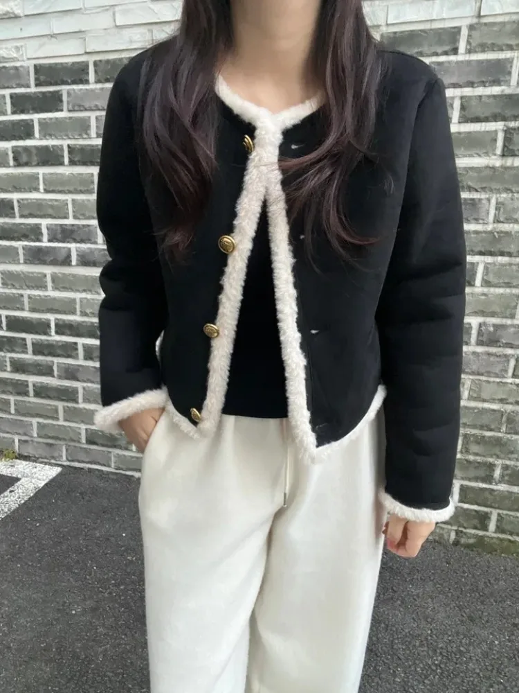 Inverno novo sle ort pele de cordeiro jaet feminino faionable único botão couro e pele entrançado casaco versátil coreano sle