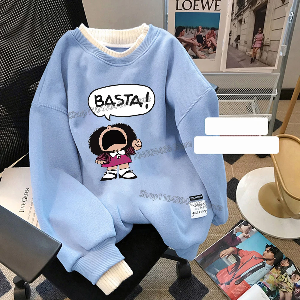 New Mafalda Basta Hoodies for Women Two-piece Illusion Sweatshirt Thickened Fleece-Lined Hoodie Round Neck Pullover Tops Gift