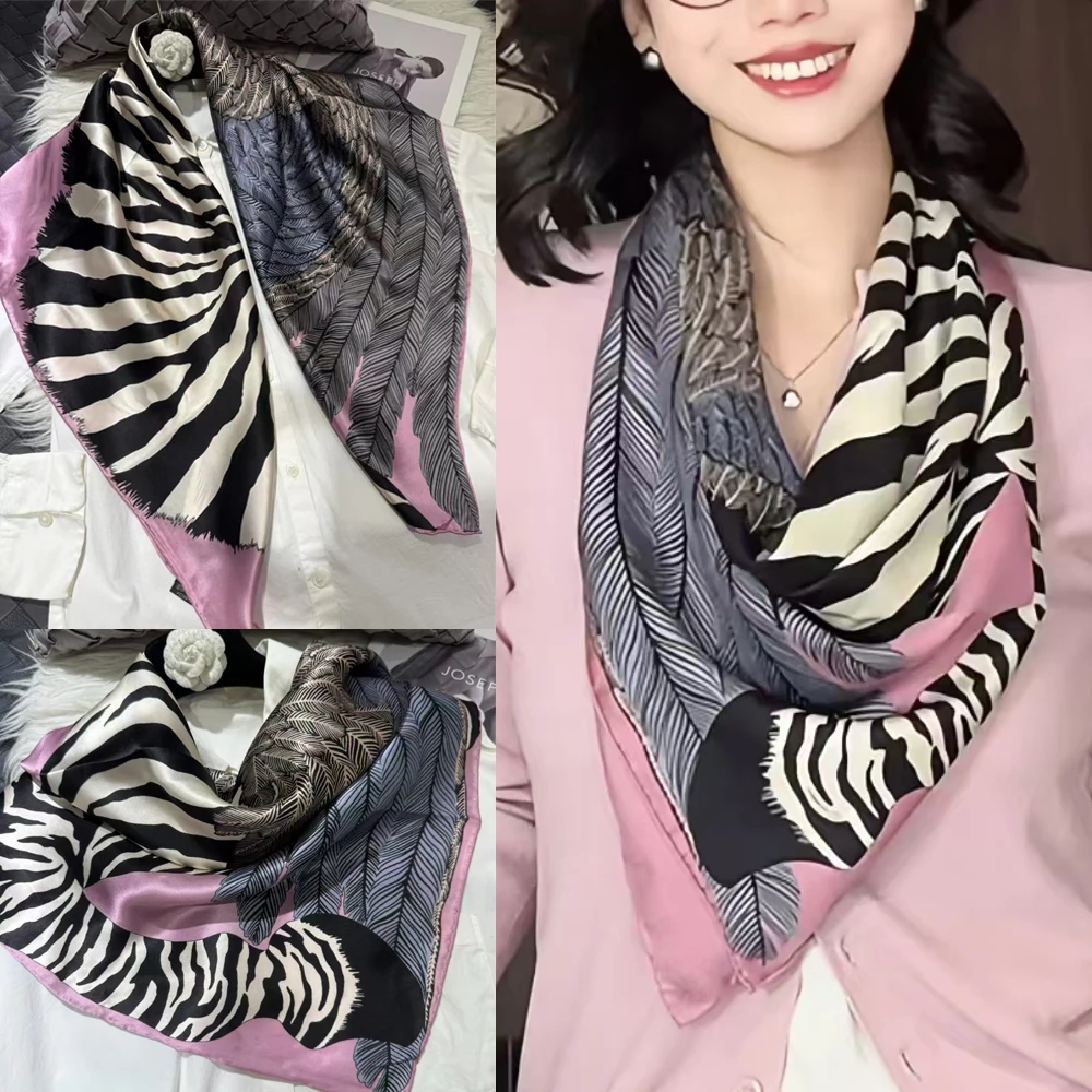 

Осенние квадратные шарфы из 100% тутового шелка, женские роскошные розовые шарфы с принтом зебры, шарф из чистого шелка, шаль 90*90 см, шарф на голову и шею