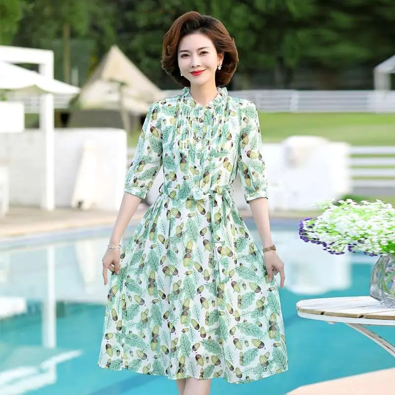 

Ele Young M Summer Dr ort Sve Middle Length Silk Blend Women's Faion Vintage Sle Thin Polyester Fiber Dr