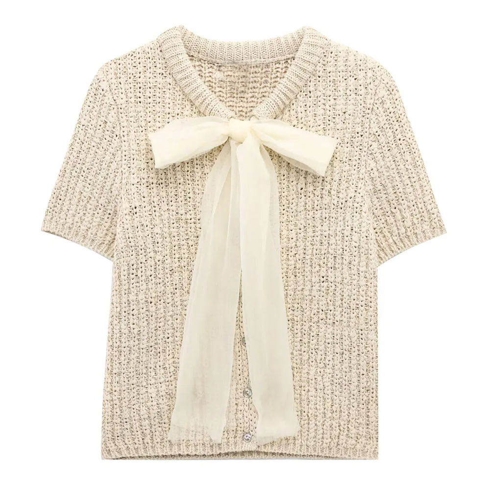 

TRAF & Women 2025 Spring New Fashion Lazy Style Knitted T-shirt Chic Crewneck Bow Joker Short Sleeve Top Mujer
