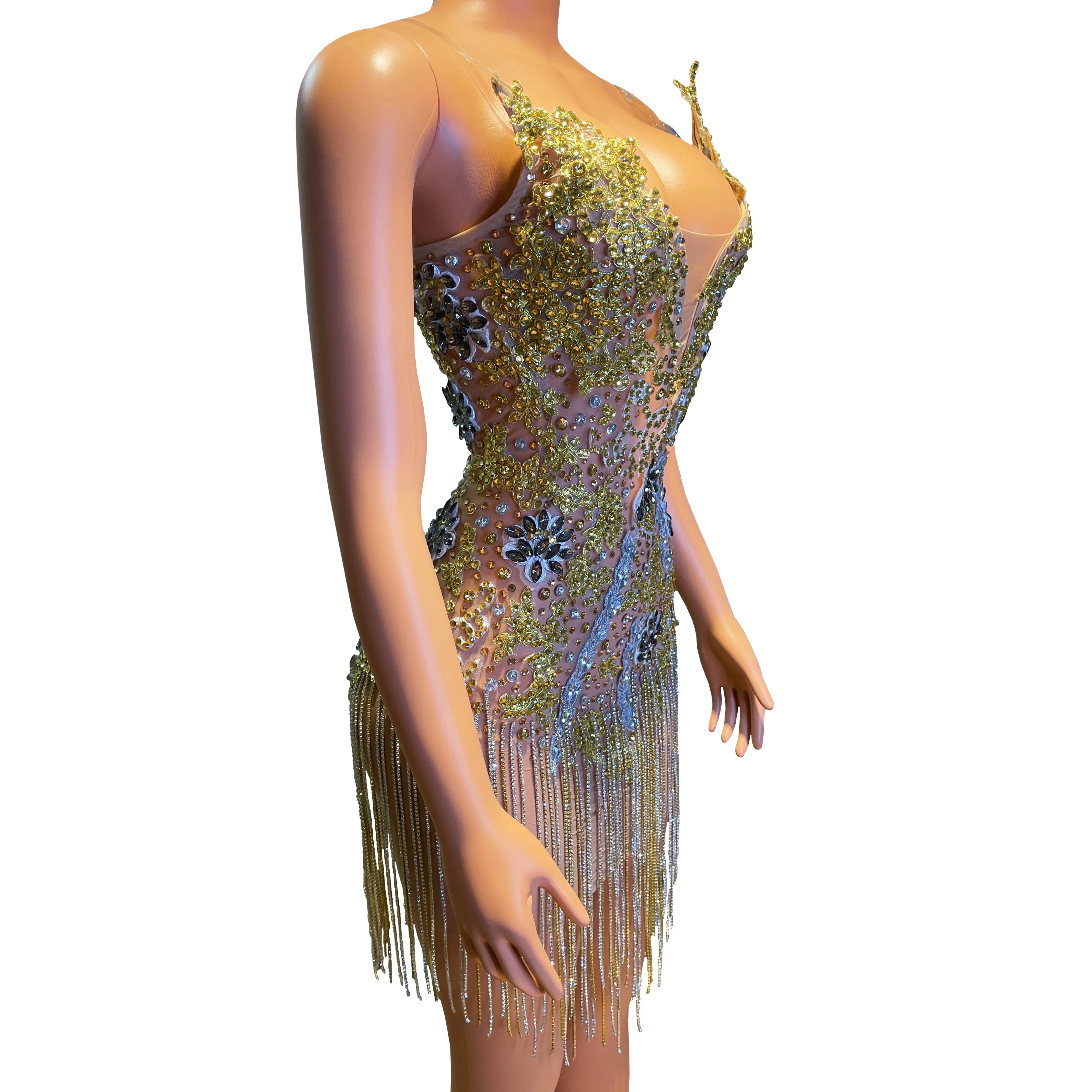 فستان سهرة مثير Gogo ملهى ليلي بار أداء الملابس المغني مرحلة الزي مهرجان فستان الحفلات المرأة شرابة بريق زي #3