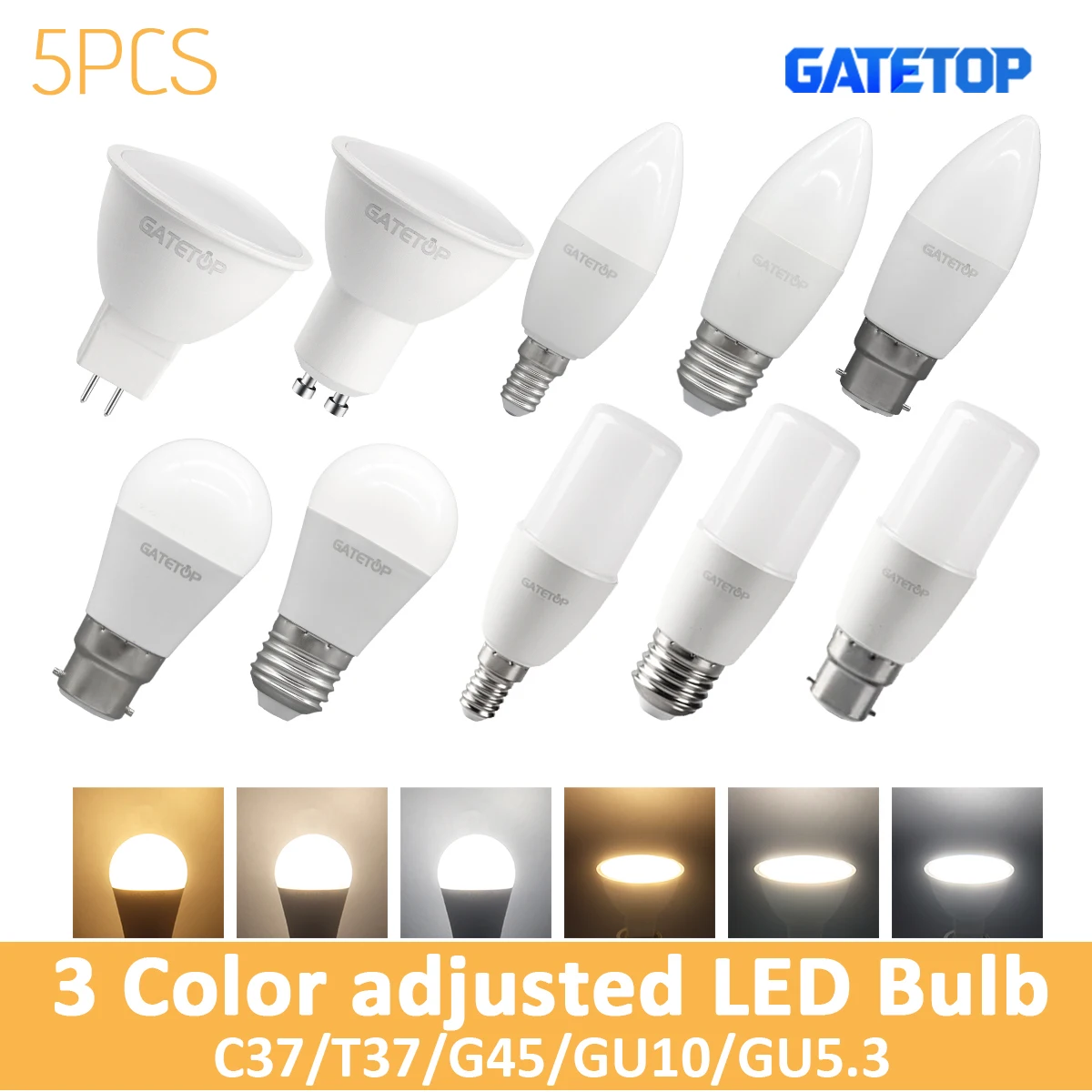 5Pcs GU10 MR16 E27 Tri-Color Dimmable LED Spotlight, 3W 5W 7W 9W CCT Memory Function, AC120V/220V Showcase Display Lighting