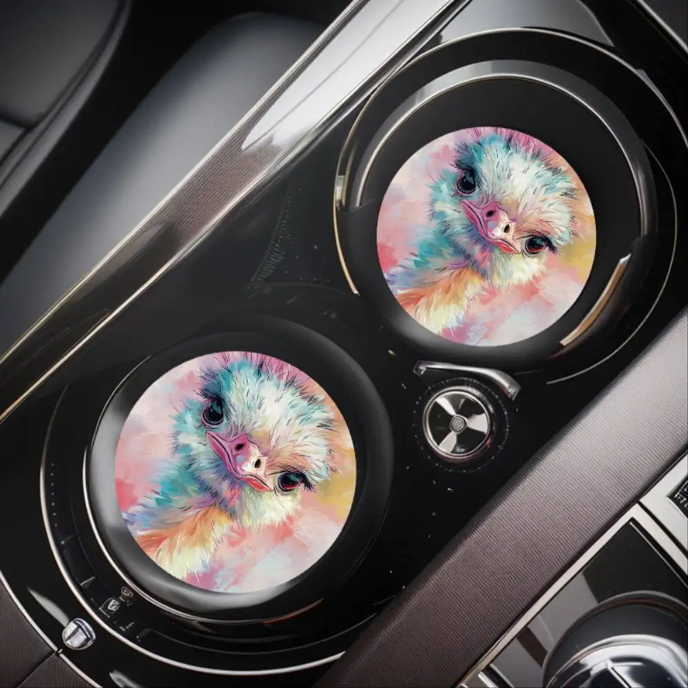 Colorful Ostrich Print Car Cup Holder Coasters 2pcs Non-Slip Rubber Drink Mats For Vehicle Interiors Back To School