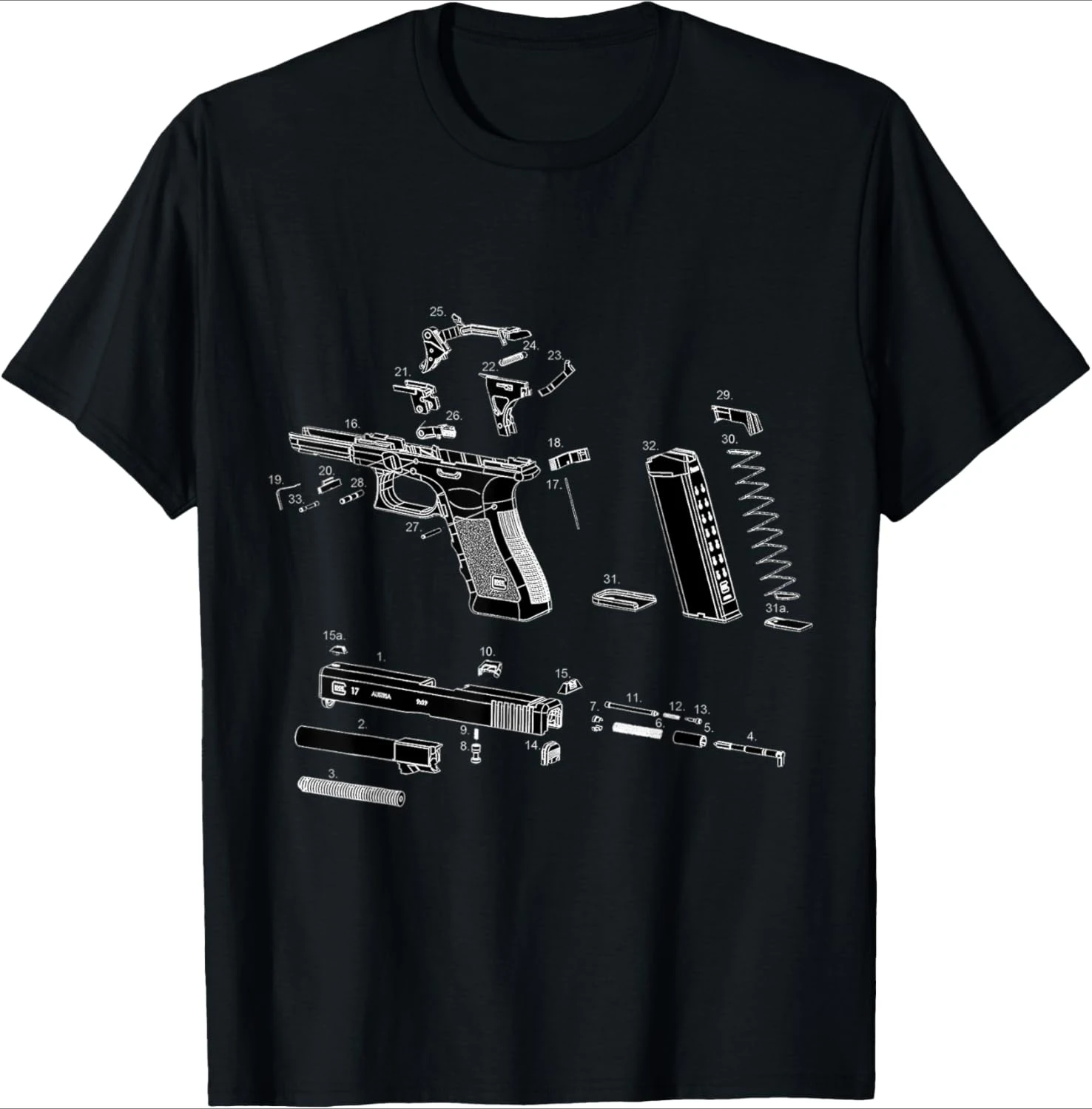 

Detail exploded illustration of pistol design-100% cotton summer casual O-neck short sleeve printed men's T-shirt.