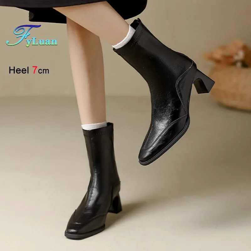 

2026 New Women's Short Boots Autumn Winter Warm High Heels Ankle Boots Fashion Square Head Coarse Heel Single Boots Ladies Shoes