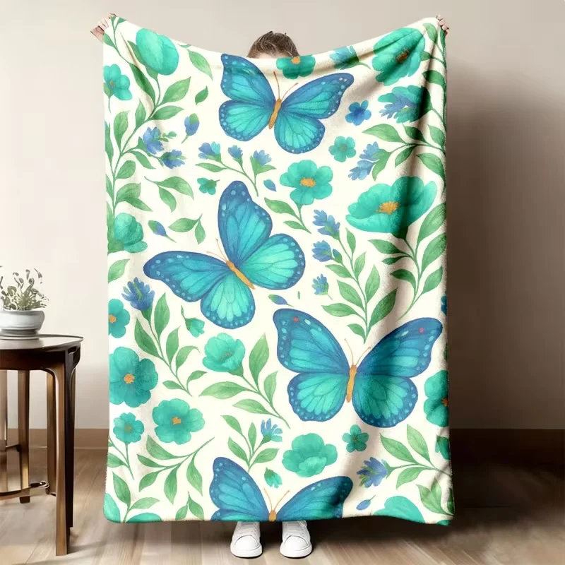 Watercolor Teal Butterfly Floral Blanket Vibrant Flower Leaf Print Soft Warm Blanket For Bed Sofa Camping Botanical Decor