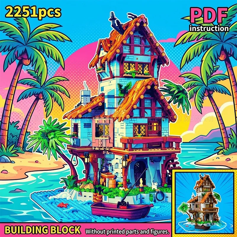 

MOC Medieval Tropical Island Fishing Hut Shack with Boat & Palm Trees Architecture Block Model