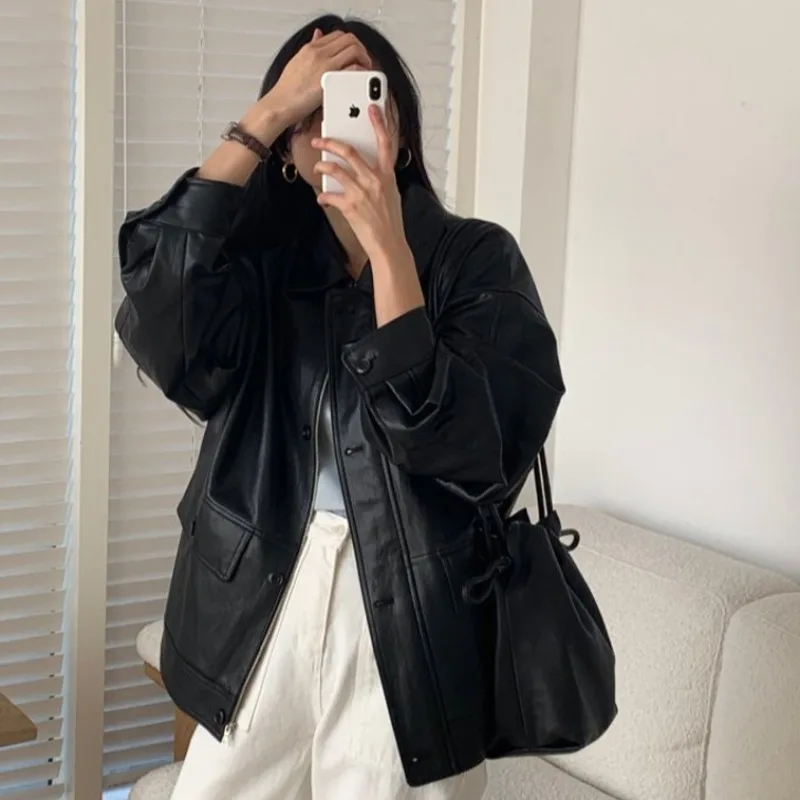 Early Autumn Loose Slimming PU Leather Zipper Pocket Jacket Women Casual Style Long Sleeve Regular Length Fashion Outerwear
