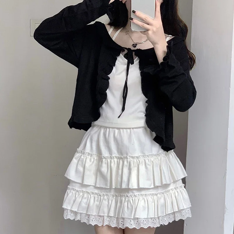 Cute Knitted Cardigan Women Heart Hollow Out Ruched Lacing Long Sleeve Sweater for Sweet Girl Kawaii Clothes