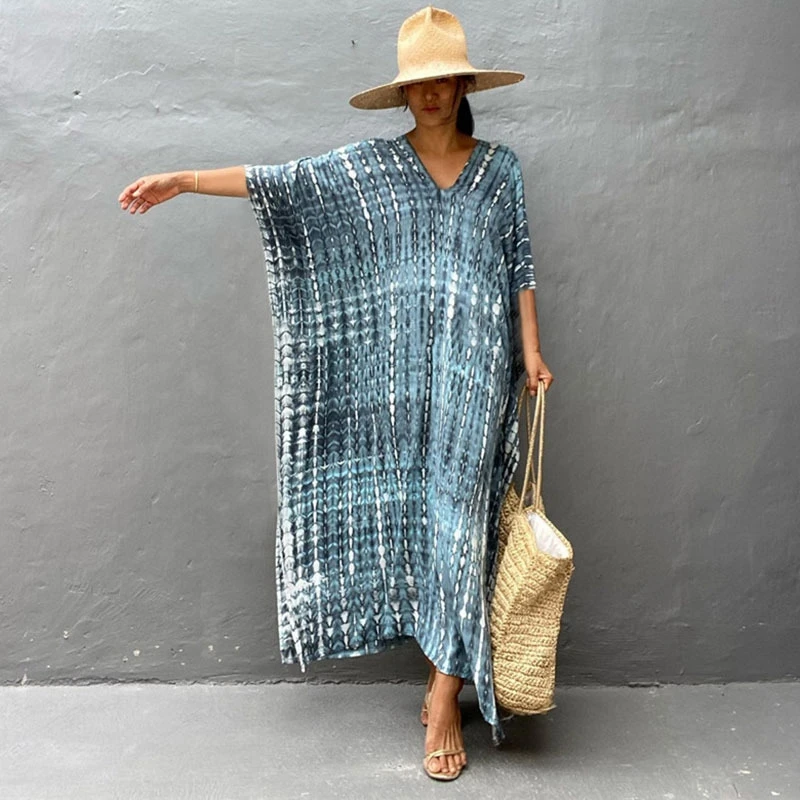 Bali Beach Cover-Ups Tie Dye Print Wraps For Women Chic Oversize Beachwear V-Neck Overall Tunic Maxi Dress Safari Kaftan Resort