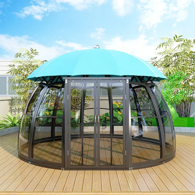 Outdoor Aluminum Pergola Metal Frame Dia 6m Garden Gazebo with Polyester Sky Blue Canopy Anti-UV