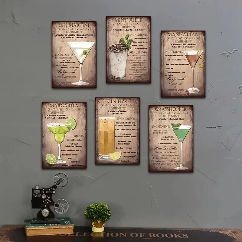 6pcs Vintage Metal Recipe Signs - Classic Mixed Drink Art Wall Decor for Home Bar, Pub & Restaurant - Retro Bar Manual with Gin