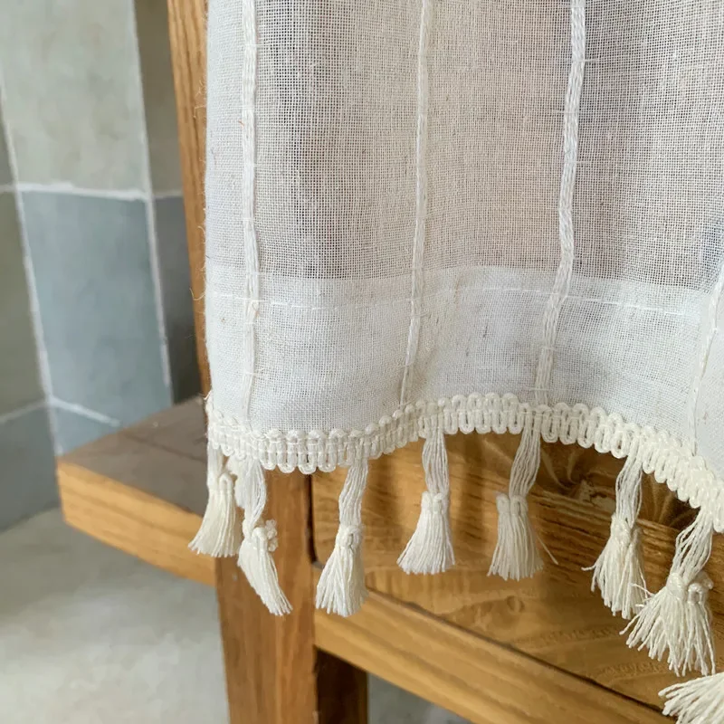 Boho Sheer Curtain Valance Striped Lace Short Curtain Drape with Tassels Rod Pocket Semi-Sheer Window Treatment for Cafe Kitchen