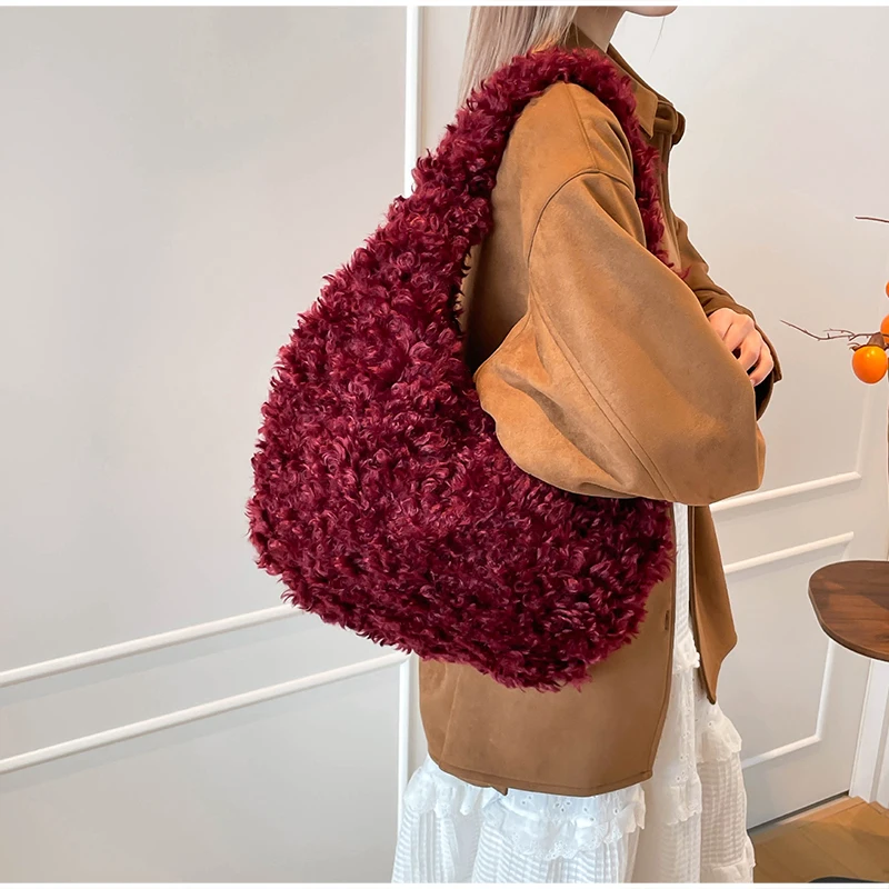 Flauschige, lockige Kunstfell-Hobo-Schultertasche, Plüsch-Halbmond-Unterarmtasche, weiche Teddy-Fuzzy-Halbmond-Handtasche, warme Winter-Handtasche für Damen – Detail 12